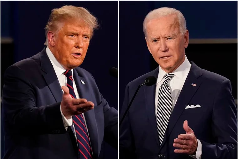 President Donald Trump, left, and Joe Biden gesture while speaking during the first presidential debate Tuesday, Sept. 29, 2020, at Case Western University and Cleveland Clinic, in Cleveland.