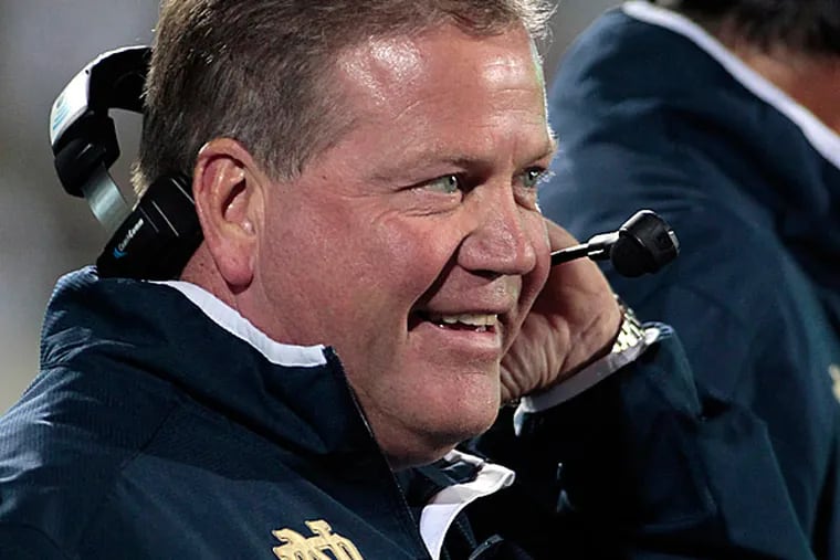 The latest big name on the team’s radar is Brian Kelly. The Eagles are interested in the 51-year-old Notre Dame coach and have made overtures to Kelly, two NFL sources said. (Al Goldis/AP file photo)