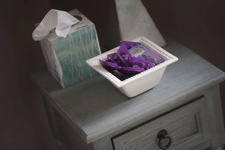 A bowl of condoms sits on a table in an examination room at Whole Woman's Health of South Bend on June 19, 2019, in South Bend, Indiana. Sexually transmitted infections are rising around the U.S., prompting local health officials, including in Delaware County, Pa., to increase condom distribution to residents.