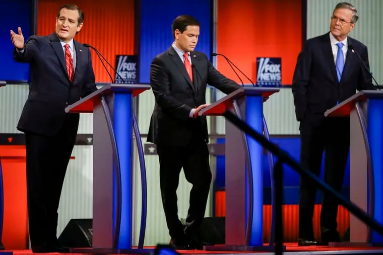 Texas Sen. Ted Cruz (from left), with Florida Sen. Marco Rubio and former Florida Gov. Jeb Bush, made fun of Donald Trump's absence, joking: &quot;If you guys ask one more mean question, I may have to leave the stage.&quot;