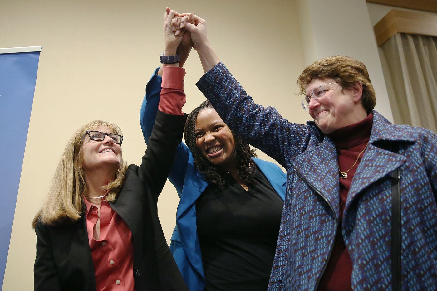 From left, Delaware County Council candidates Elaine Schaefer, Monica Taylor, and Christine Reuther celebrate after they are introduced during the Delaware County Democratic Committee's election watch party at the Inn at Swarthmore in Swarthmore Pa., on Tuesday, Nov. 5, 2019.
