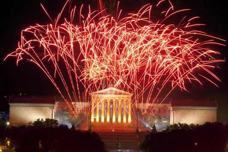 Welcome America fireworks explode over the Philadelphia Museum of Art on the Benjamin Franklin Parkway in Philadelphia on July 4th 2012. ( Ed Hille / Staff Photographer )