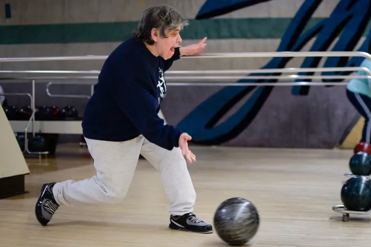 Teresa "Terry" Verlinghieri is one of two women currently in  the Philadelphia Area Blind Bowlers league that plays at the Thunderbird Lanes in Northeast Philadelphia. GENEVA HEFFERNAN / Staff Photographer