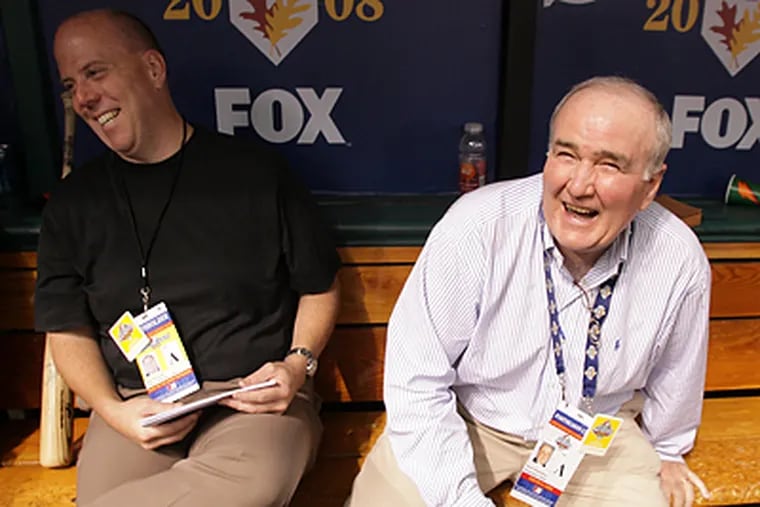 David Montgomery (right) shares a laugh with former broadcaster Tom McCarthy in 2008.