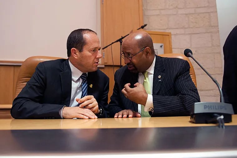 Mayor Nir Barkat of Jerusalem and Mayor Michael Nutter at the CHOP, Drexel, Hebrew University Research Consortium Monday, November 11, 2013 in Israel. Barkat  Nutter talk about the similar challenges their cities face. (Kait Privitera / City of Philadelphia)