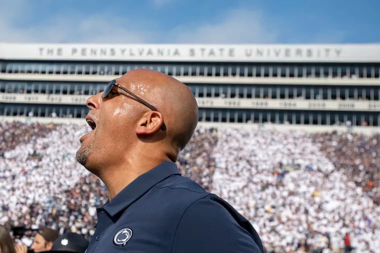 Penn State head coach James Franklin reacts at the end of a 17-10 win over Pittsburgh in an NCAA college football game in State College on Saturday, Sept. 14, 2019.