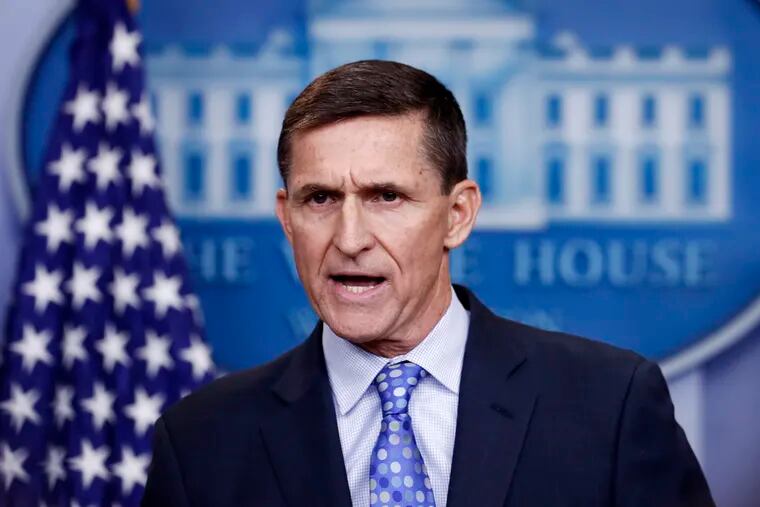In this Feb. 1, 2017 file photo, National Security Adviser Michael Flynn speaks during the daily news briefing at the White House, in Washington. House intelligence committee has issued subpoenas for former national security adviser Michael Flynn and Rick Gates, a former Trump campaign aide.