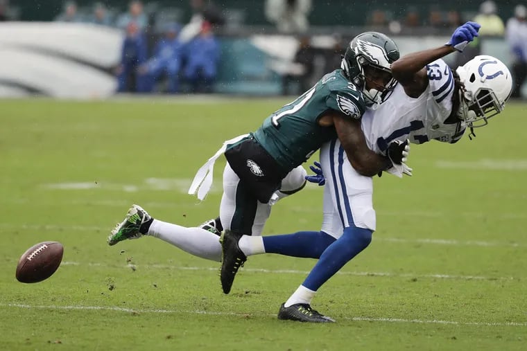 Eagles defensive back Jalen Mills defends Indianapolis Colts wide receiver T.Y. Hilton during the second-quarter on Sunday, September 23, 2018 in Philadelphia. YONG KIM / Staff Photographer