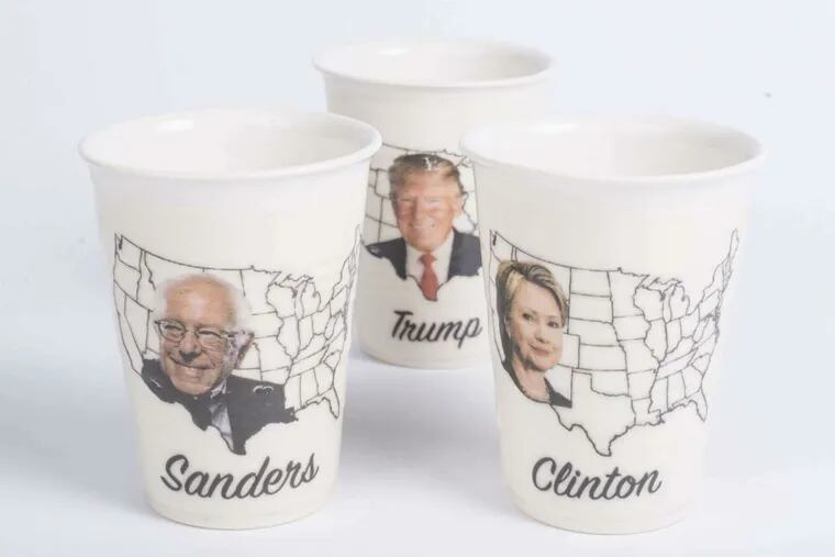 Ceramic drinking cups, on display at the Clay Studio , feature portraits of every candidate who has vied for a presidential nomination this year, including Hillary Clinton, Donald Trump, and Bernie Sanders. The cups aren't about partying, artist Hope Rovelto says, but about how to choose a political party.