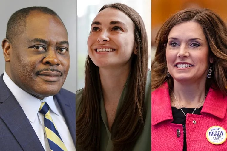 John Thomas (left), Alexandra Hunt (center), and Christy Brady (right) are running in the May 16 Democratic primary for Philadelphia city controller.