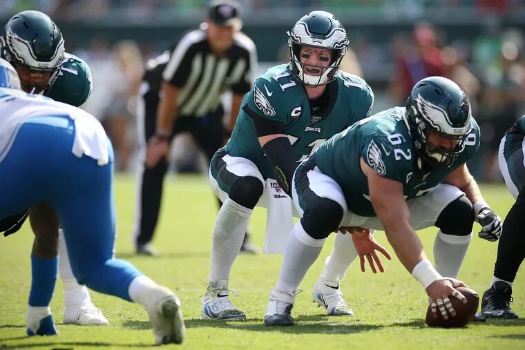 Carson Wentz taking a snap from under center against the Lions. The Eagles have been doing more of that this season.