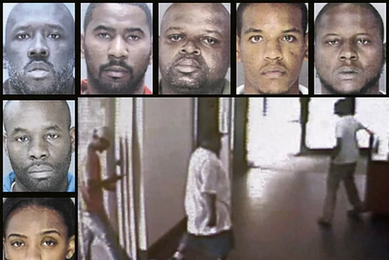 Piazza slaying suspects (clockwise from bottom left) Katoya Jones, Donnell Murchison, Will Hook, Robert Keith, Edward Daniels, Antonio Wright and Langdon Scott are charged in the killings of Rian Thal and Timothy Gilmore caught on surveillance video June 27.