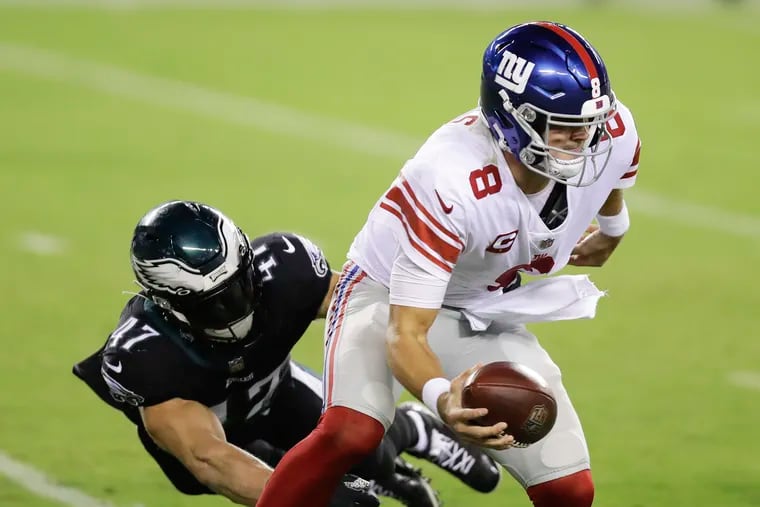 Eagles linebacker Nate Gerry goes after New York Giants quarterback Daniel Jones during the third quarter of last Thursday's win. Gerry was placed on injured reserve ahead of this Sunday's game against Dallas.