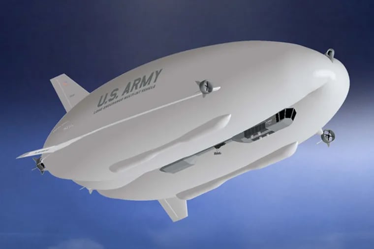 An artist's rendering of the Army airship at Hangar 6 at Joint Base McGuire-Dix-Lakehurst. The Long Endurance Multi-Intelligence Vehicle, or LEMV, had its maiden voyage on Aug. 7, 2012.