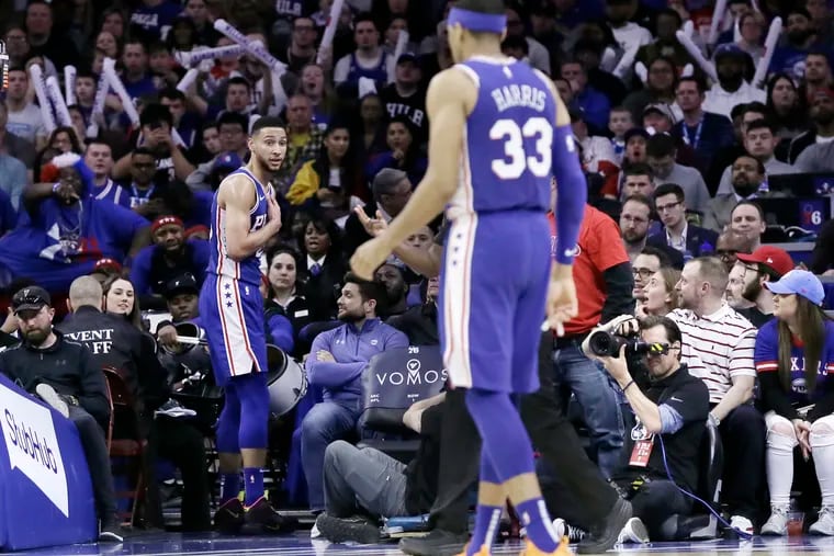 Sixers Ben Simmons reacts when he learns that he has been called for a  defensive foul in the 2nd half the Brooklyn Nets vs. Phila. 76ers NBA game at the Wells Fargo Center in Phila., Pa. on March 28, 2019.