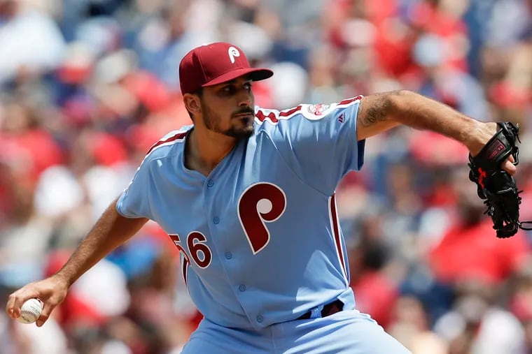 Phillies pitcher Zach Eflin throws the baseball against the Milwaukee Brewers on Thursday, May 16, 2019 in Philadelphia.