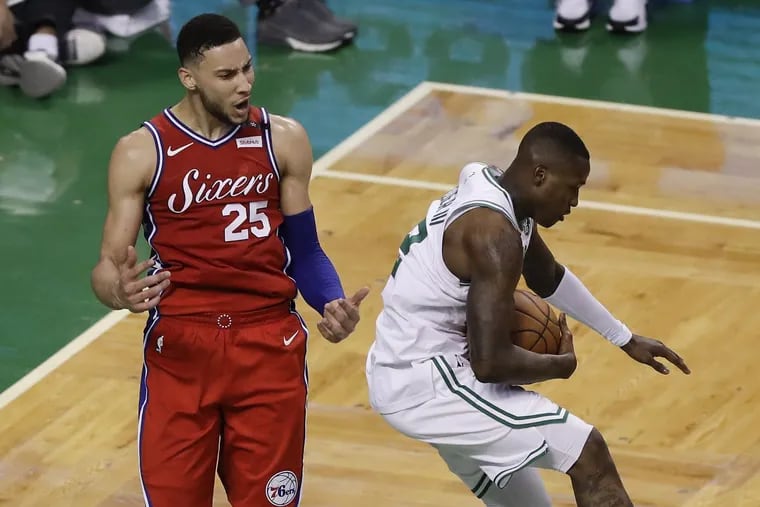 Sixers guard Ben Simmons reacts after Boston Celtics guard Terry Rozier stole the basketball during the fourth quarter in Game 1 of the Eastern Conference Semifinals Monday night. The Sixers lost, 117-101.