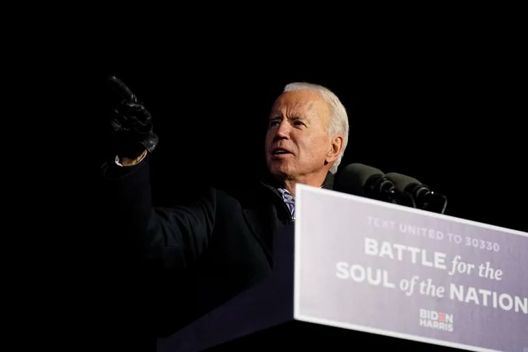 Democratic presidential candidate former Vice President Joe Biden speaks during a drive-in rally at Heinz Field, Monday, Nov. 2, 2020, in Pittsburgh.