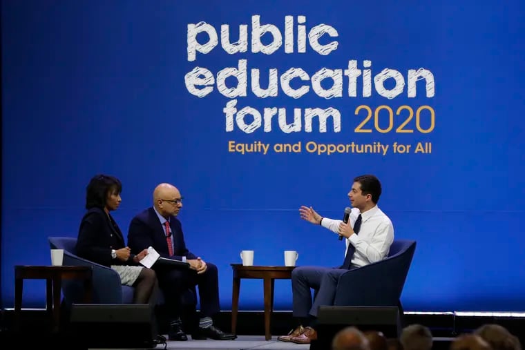 Democratic presidential candidate South Bend, Ind., Mayor Pete Buttigieg, right, one of seven scheduled Democratic candidates participating in a public education forum, answers a question from Rehema Ellis, left, and Ali Velshi, center, Saturday, Dec. 14, 2019, in Pittsburgh. Debate continues as to whether higher funding will fix the challenges public schools face.