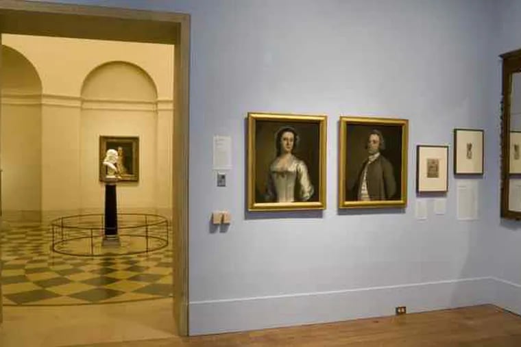 A bust of Benjamin Franklin (left), two portraits owned by a British loyalist, and items from the Meschianza, a festival organized by British officers in Philadelphia for a departing general.