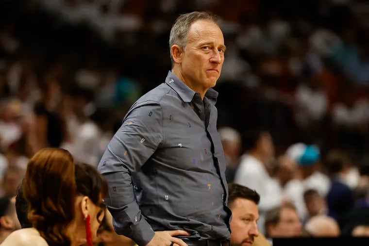 Sixers Owner & Managing Partner Josh Harris watches second quarter action against the Miami Heat during game two of the second-round Eastern Conference playoffs on Wednesday, May 4, 2022 in Miami.