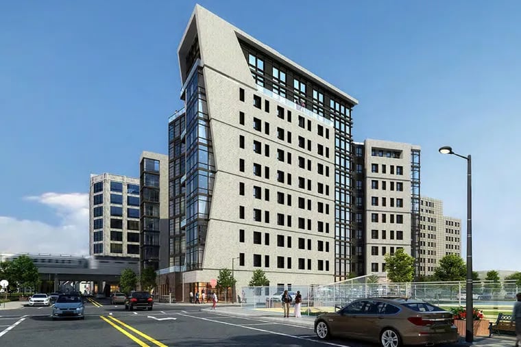 Artist's rendering of residential high-rises planned in Poplar neighborhood, as seen from Eighth and Poplar Streets.