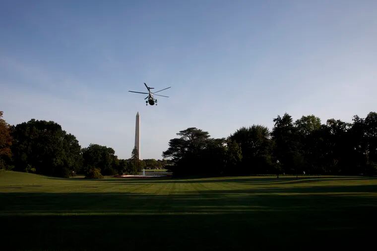 Marine One, with President Donald Trump aboard, departs the South Lawn of the White House in Washington, Friday, Aug. 30, 2019, en route to Camp David in Maryland.