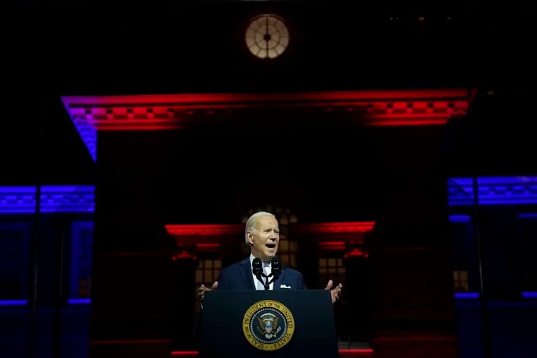 President Joe Biden speaks outside Independence Hall on Thursday, Sept. 1, 2022, in Philadelphia.