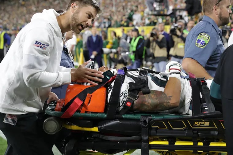 Eagles cornerback Avonte Maddox is taken off the field in the fourth quarter against the Packers. Maddox was injured in a collision with teammate Andrew Sendejo.