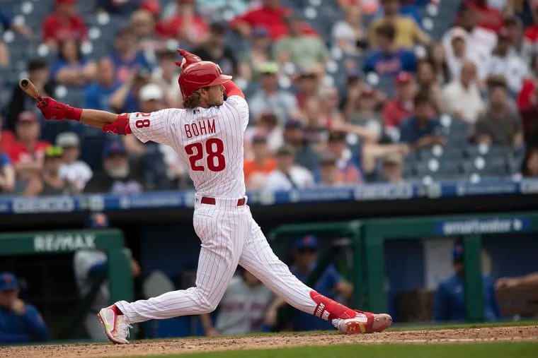 Philadelphia Phillies, Alec Bohm, bats in the 8th inning of a baseball game against the New York Mets, Wednesday, April 13, 2022, in Philadelphia.