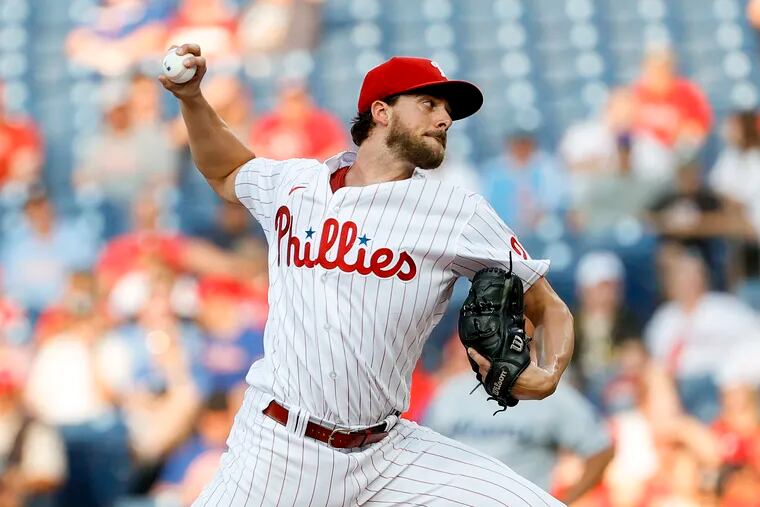Aaron Nola pitches during the first inning against the Miami Marlins at Citizens Bank Park on June 13, 2022 in Philadelphia, Pennsylvania. (Photo by Tim Nwachukwu/Getty Images)