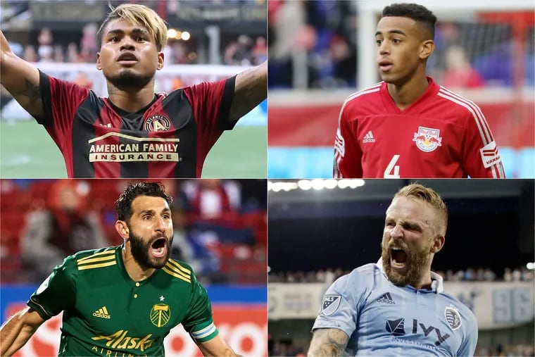 Clockwise from top left: Atlanta United's Josef Martínez, the New York Red Bulls' Tyler Adams, Sporting Kansas City's Johnny Russell and the Portland Timbers' Diego Valeri.