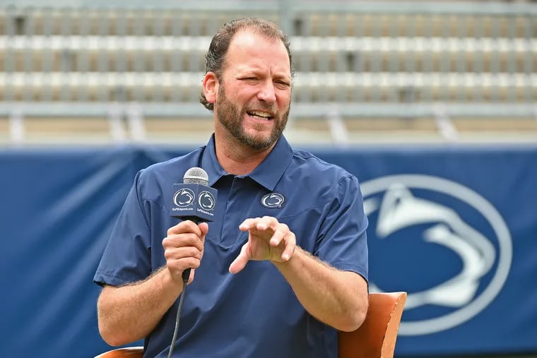 Penn State football  Offensive Coordinator/Quarterbacks Coach Mike Yurcich does a tv interview as part of the team's Media Day on Aug. 7, 2021.   CRAIG HOUTZ / For The Inquirer