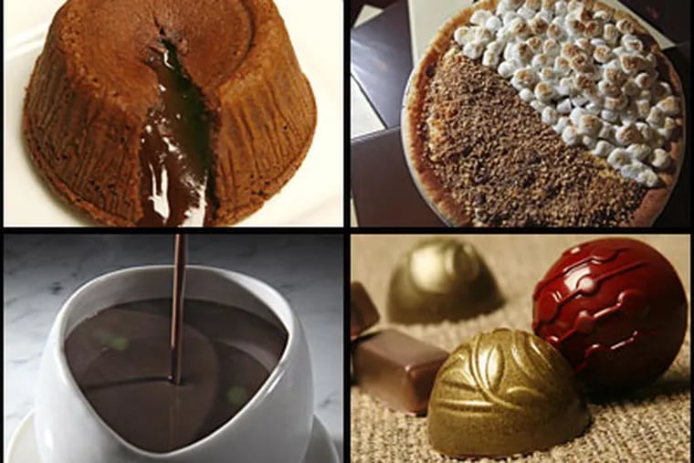Clockwise from top left: The Souffle au Chocolat, chocolate pizza, topped with melted marshmallows and candied hazelnuts, a variety of bonbons, and Italian thick hot chocolate.