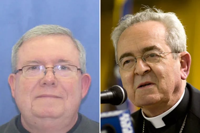 Msgr. William J. Lynn (left), indicted recently in a sexual abuse scandal, has been placed on administrative leave by Cardinal Justin Rigali (right). (File Photos)