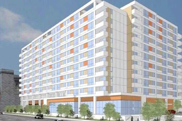 A rendering of Marina View apartments, which would be just north of the Ben Franklin Bridge at the corner of Columbus Boulevard and Vine Street.