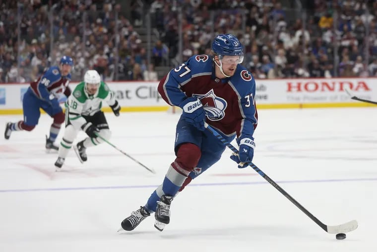 Casey Mittelstadt #37 of the Colorado Avalanche advances the puck against the Dallas Stars in the second period during Game Three of the Second Round of the 2024 Stanley Cup Playoffs at Ball Arena on May 11, 2024 in Denver, Colorado. (Photo by Matthew Stockman/Getty Images)