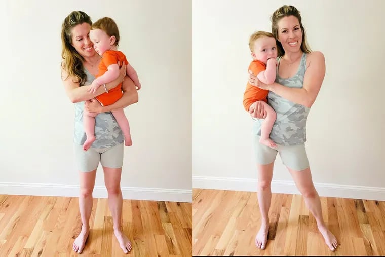 Ashley demonstrates the safe way to hold a baby, left. On the right, she shows a stance new parents should avoid.