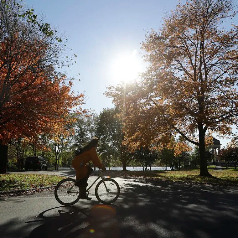 A bicyclist rides along the bike path and bright sun at FDR Park in South Philadelphia in November 2021.