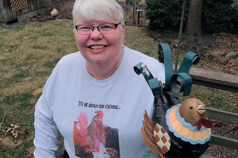 Wearing a t-shirt exclaiming "It's all about chickens" and holding a statuette of a chichen, Gwenne Baile, 65, stands on her deck April 2, 2014 overlooking her backyard where she would like to keep chickens. The Haddon Township self-described activist is trying to get zoning laws changed so she and others can keep chickens.   ( CLEM MURRAY / Staff Photographer )