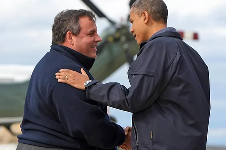 Gov. Chris Christie greets President Barack Obama before an aerial tour of Hurricane Sandy damage at Atlantic City Airport in Atlantic City, N.J. on Oct. 31, 2012. (Governor's Office/Tim Larsen)