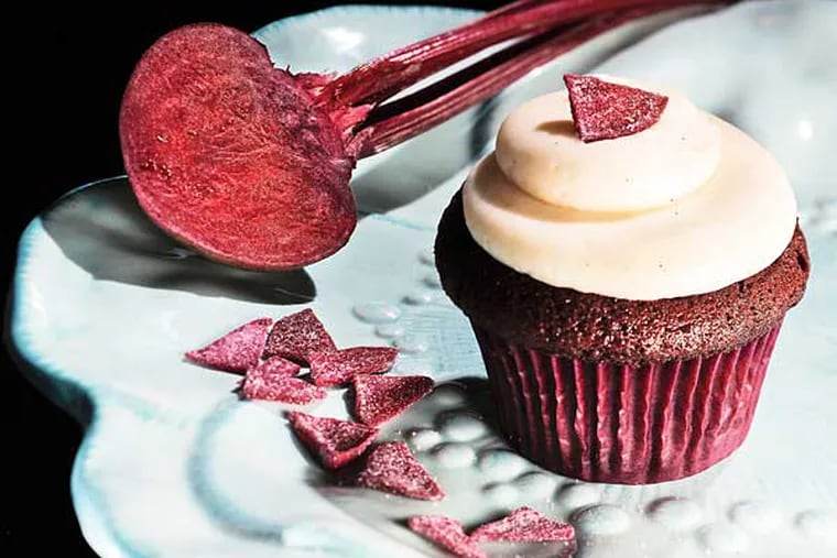 Red Velvet Cupcake from Sweet Elizabeth's Cakes, Manayunk, gets its color and sweetness from beets. That's a candied beet on top.