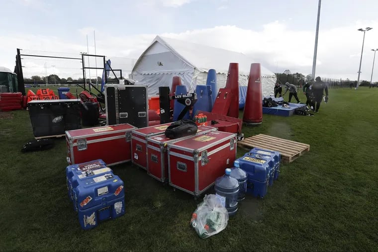 Football equipment sit on the London Irish training ground's in Southwest London while the Eagles practiced on Friday, October 26, 2018. YONG KIM / Staff Photographer