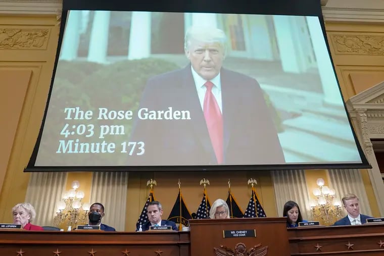 A video of President Donald Trump recording a statement in the Rose Garden of the White House on Jan. 6 is played as the House select committee investigating the Jan. 6 attack on the U.S. Capitol holds a hearing at the Capitol in Washington, July 21, 2022. The House Jan. 6 committee plans to unveil "surprising" details at its next public hearing about the 2021 attack at the U.S. Capitol.