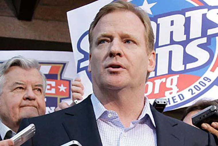 Roger Goodell talks to reporters after the NFL Players Association decertified the union. (J. Scott Applewhite/AP Photo)