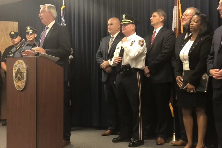 Montgomery County District Attorney Kevin Steele announces the names of the four doctors arrested on suspicion of recklessly prescribing opioids at a press conference Wednesday, Sept. 12, 2018.