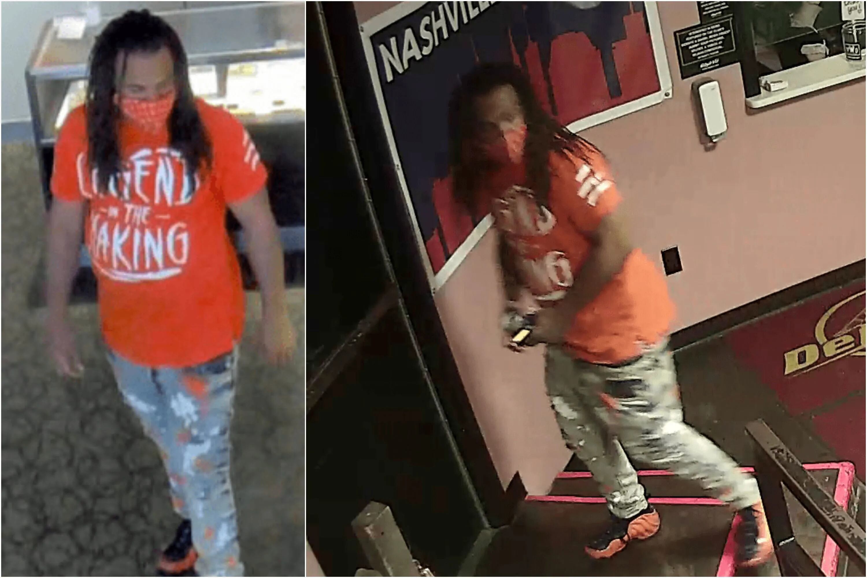 Surveillance footage shows a suspected robber (left) of a jewelry store in Mississippi on April 5. The next day, investigators obtained surveillance footage from a Nashville strip club (right) depicting a man they believe followed a woman home and sexually assaulted her.
