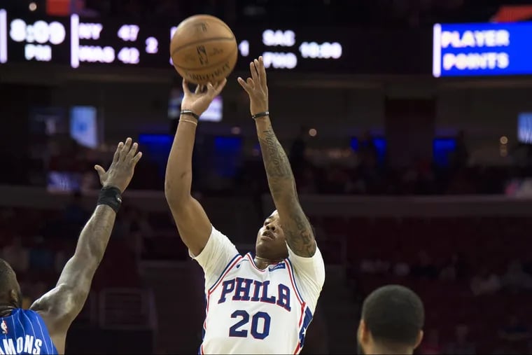Markelle Fultz sinks a basket in the first half of the Sixers' 120-114 preseason win over the Magic Monday at the Wells Fargo Center.