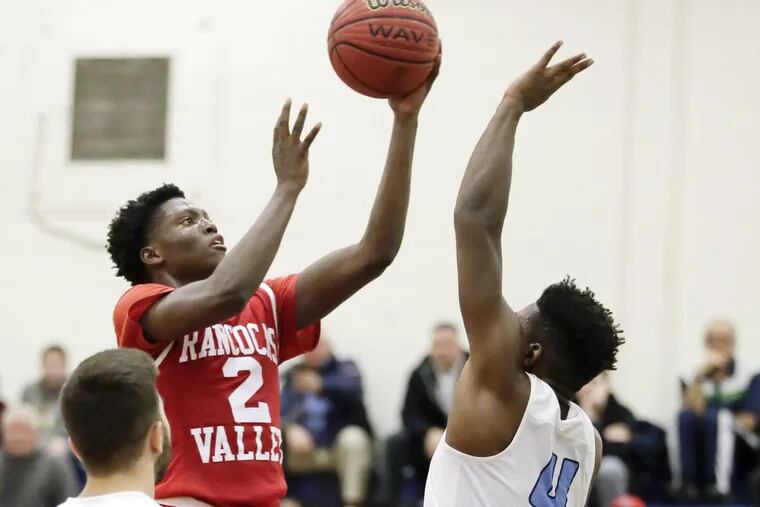 Rancocas Valley’s Darnell St. Clair, here going for a layup against Highland on Dec. 22, scored 10 points as visiting Rancocas Valley edged Bordentown on Wednesday.
