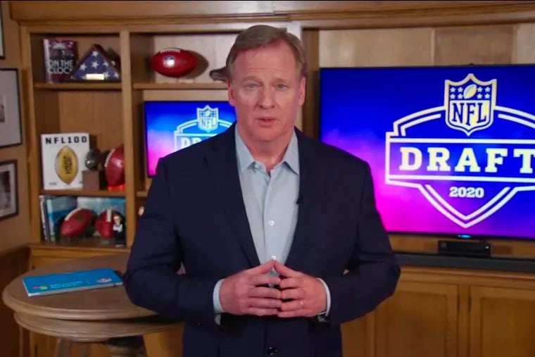 Commissioner Roger Goodell, shown presenting the April entry draft from his basement because of quarantining, said Tuesday the NFL must do more with minority hiring and advancement.